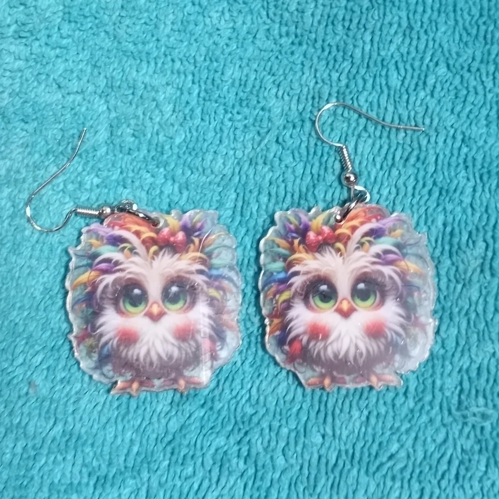 Colorful Owl Earrings Dangle Wire Multicolor